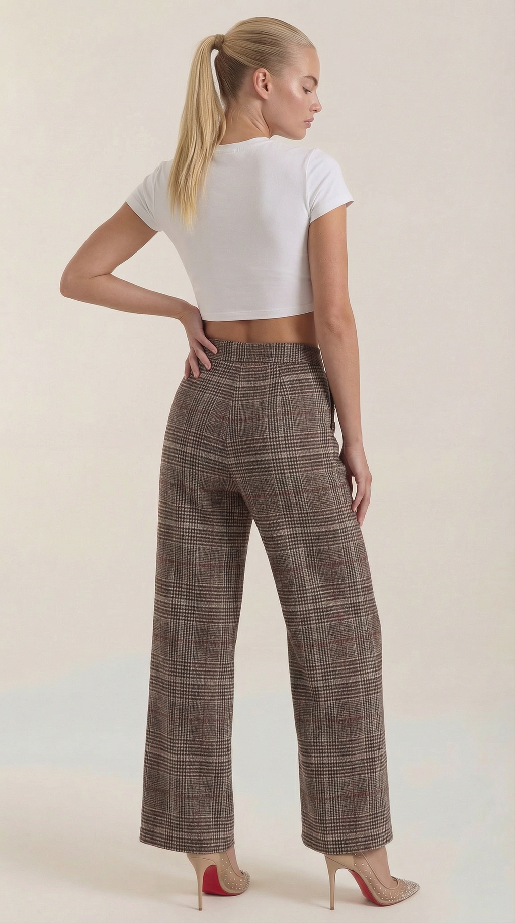 Pantaloni da donna a vita alta a quadri con gamba larga