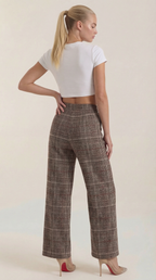 Pantaloni da donna a vita alta a quadri con gamba larga