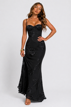Abito lungo da donna in jacquard floreale con corpetto a corsetto