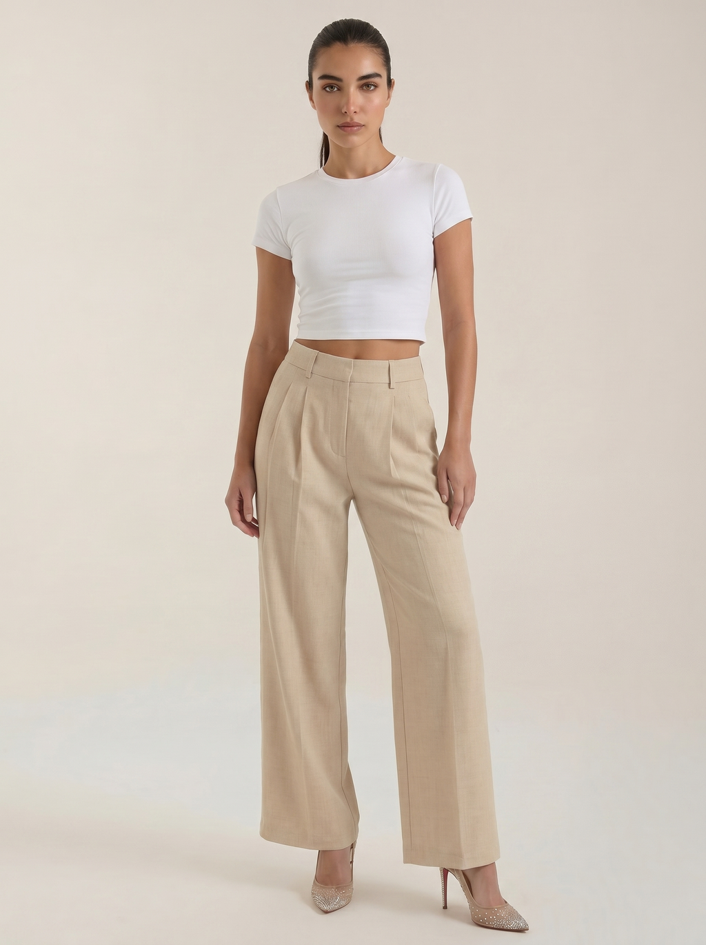 Pantaloni da donna a vita alta con pieghe frontali e gamba larga