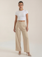 Pantaloni da donna a vita alta con pieghe frontali e gamba larga