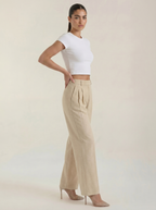 Pantaloni da donna a vita alta con pieghe frontali e gamba larga