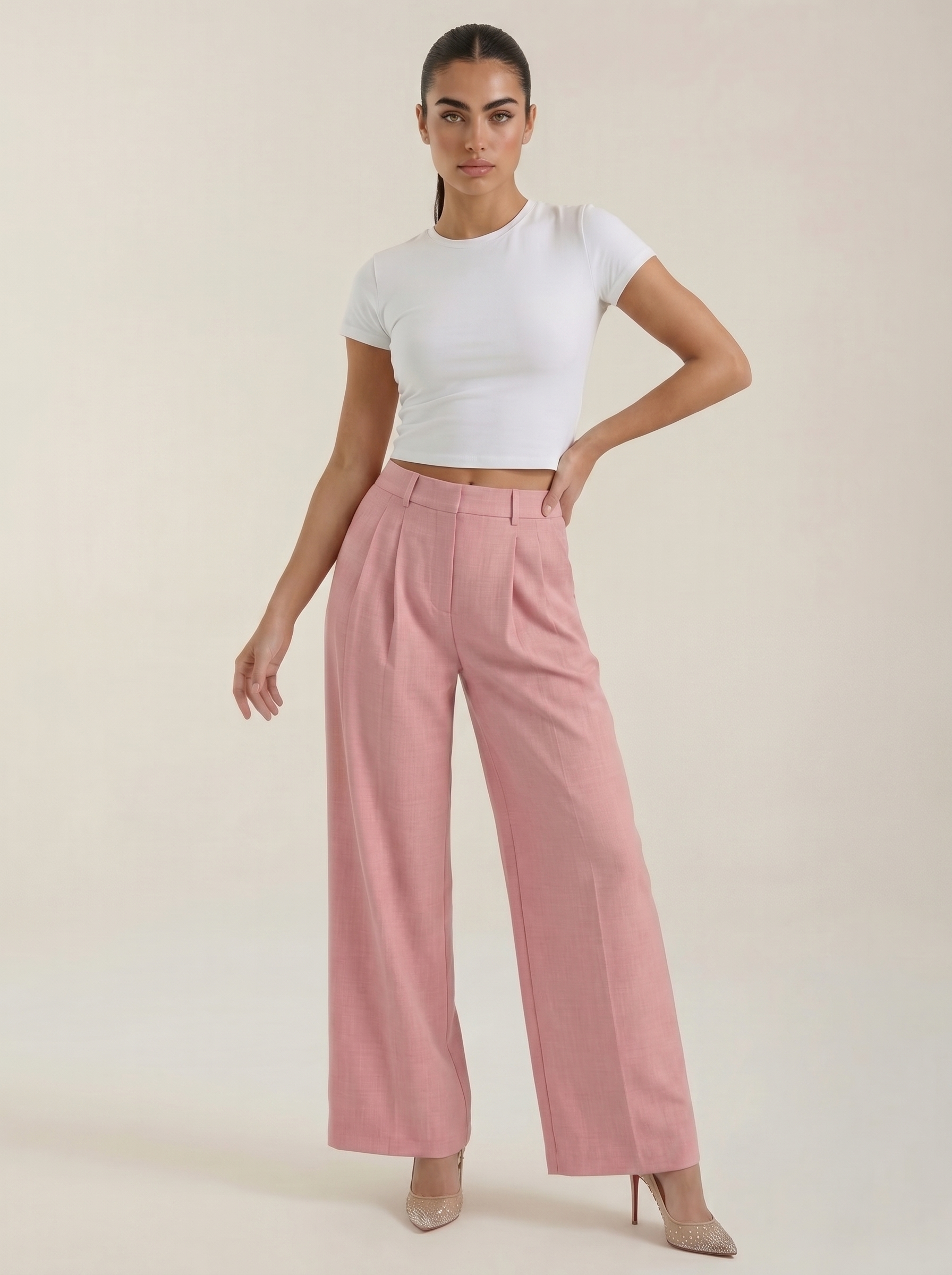 Pantaloni da donna a vita alta con pieghe frontali e gamba larga