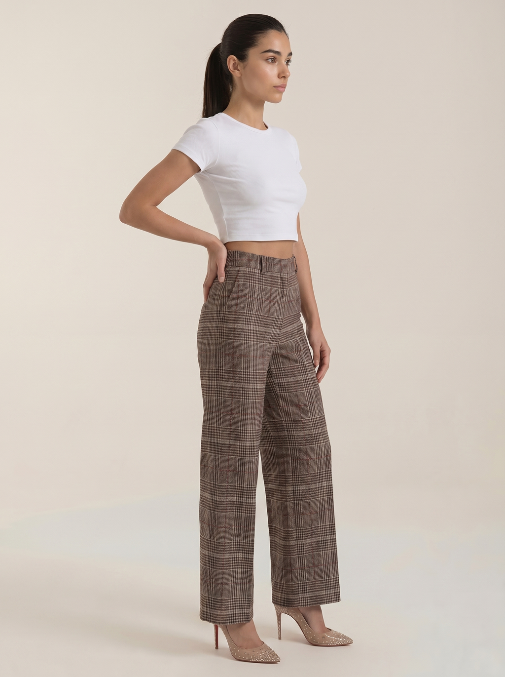 Pantaloni da donna a vita alta a quadri con gamba larga