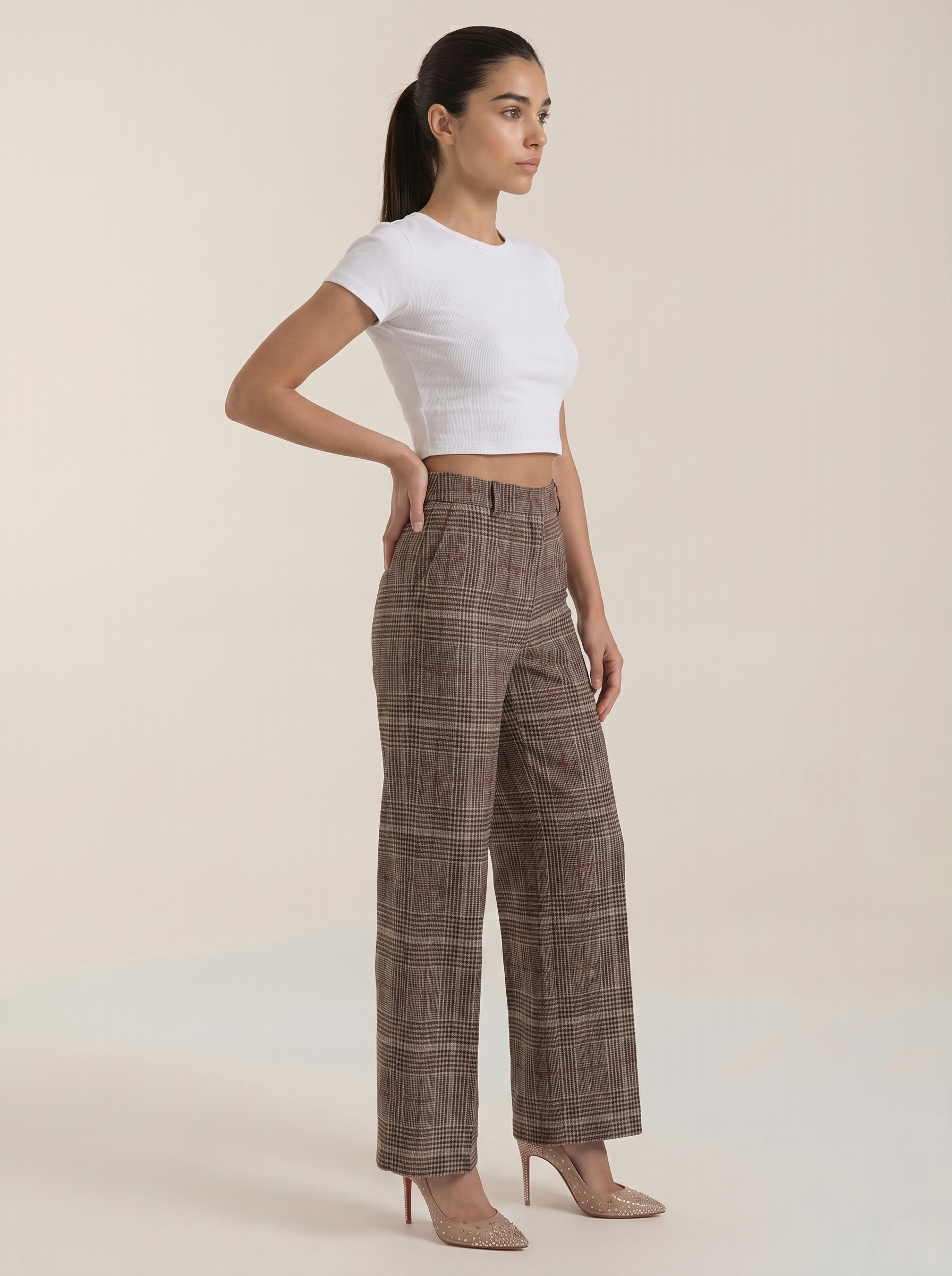 Pantaloni da donna a vita alta a quadri con gamba larga