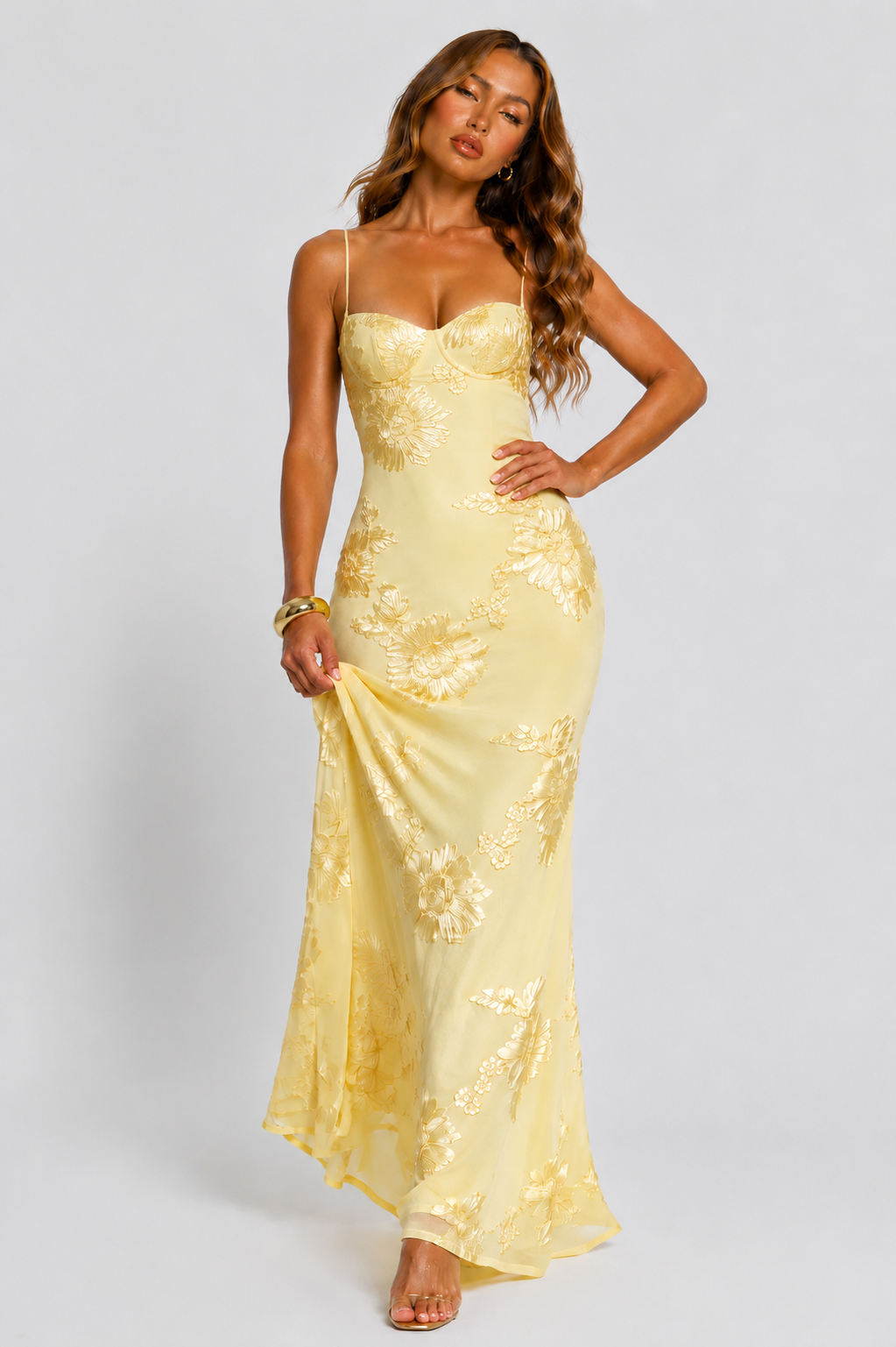 Abito lungo da donna in jacquard floreale con corpetto a corsetto