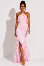 Abito lungo rosa da donna con scollo all'americana e volant