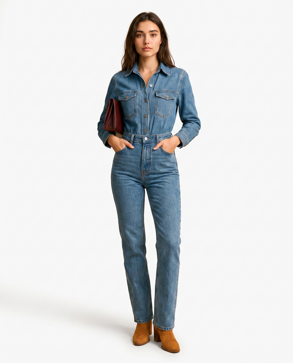Tuta da donna in denim a gamba dritta con maniche lunghe