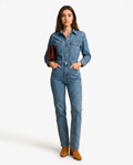 Tuta da donna in denim a gamba dritta con maniche lunghe