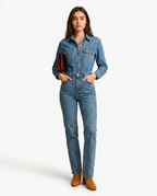 Tuta da donna in denim a gamba dritta con maniche lunghe