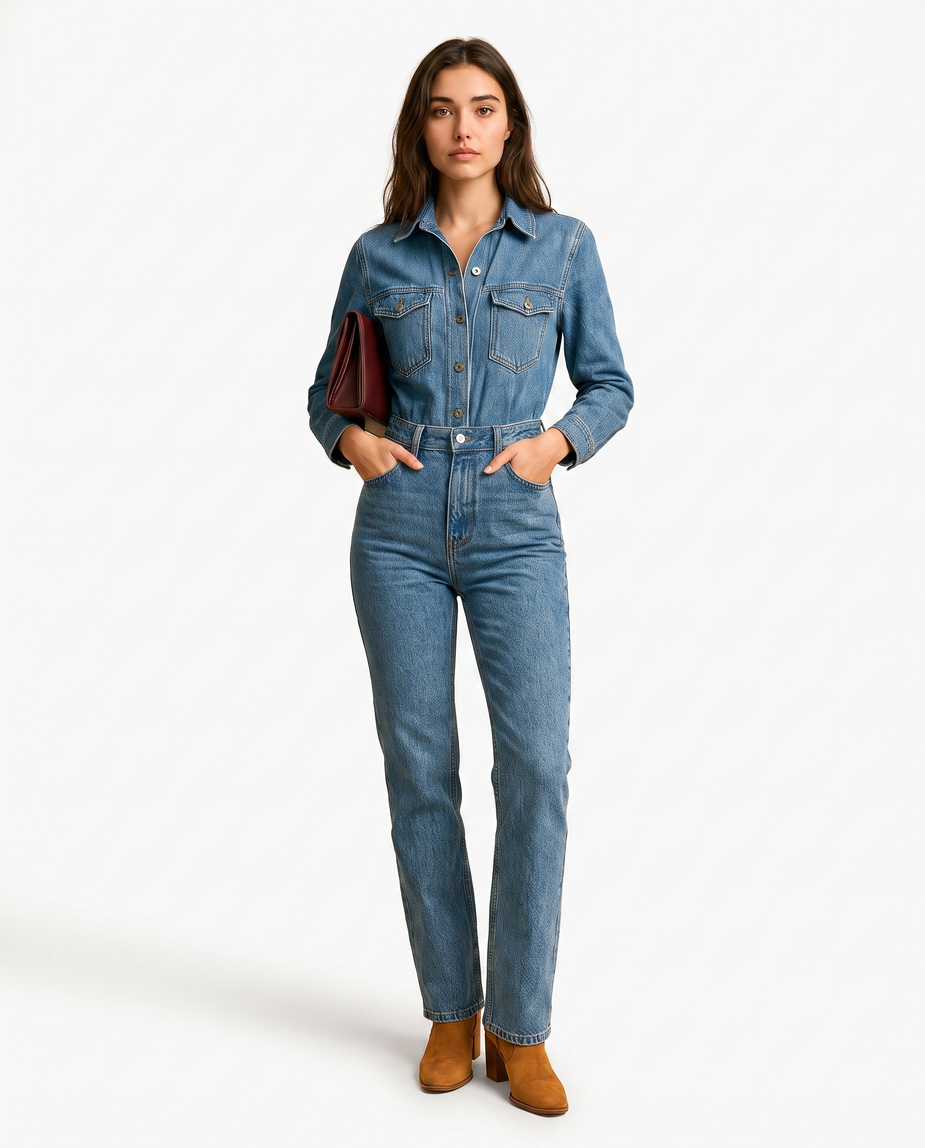 Tuta da donna in denim a gamba dritta con maniche lunghe