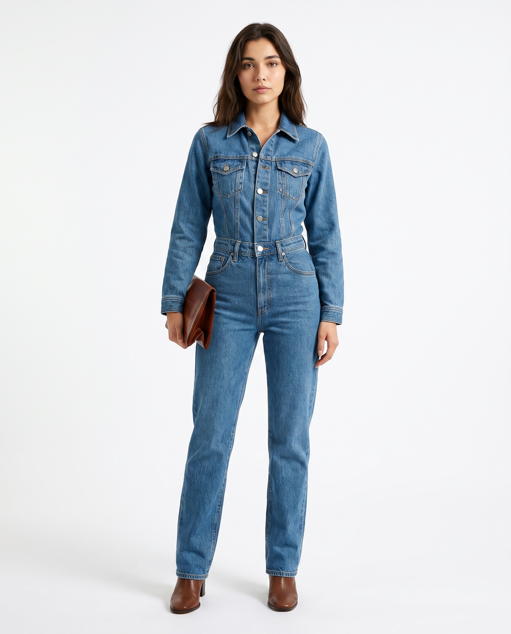 Tuta da donna in denim a gamba dritta con maniche lunghe
