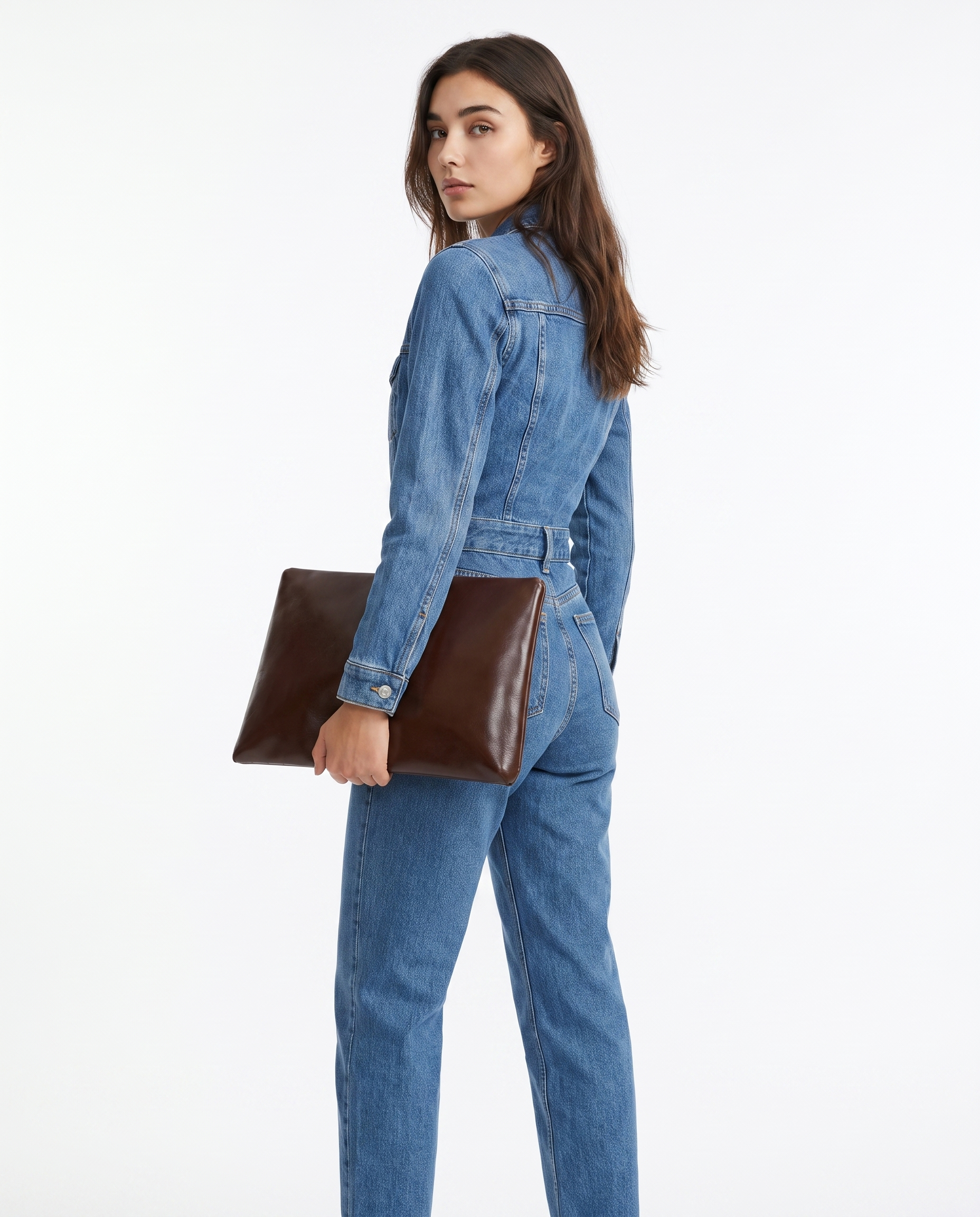 Tuta da donna in denim a gamba dritta con maniche lunghe