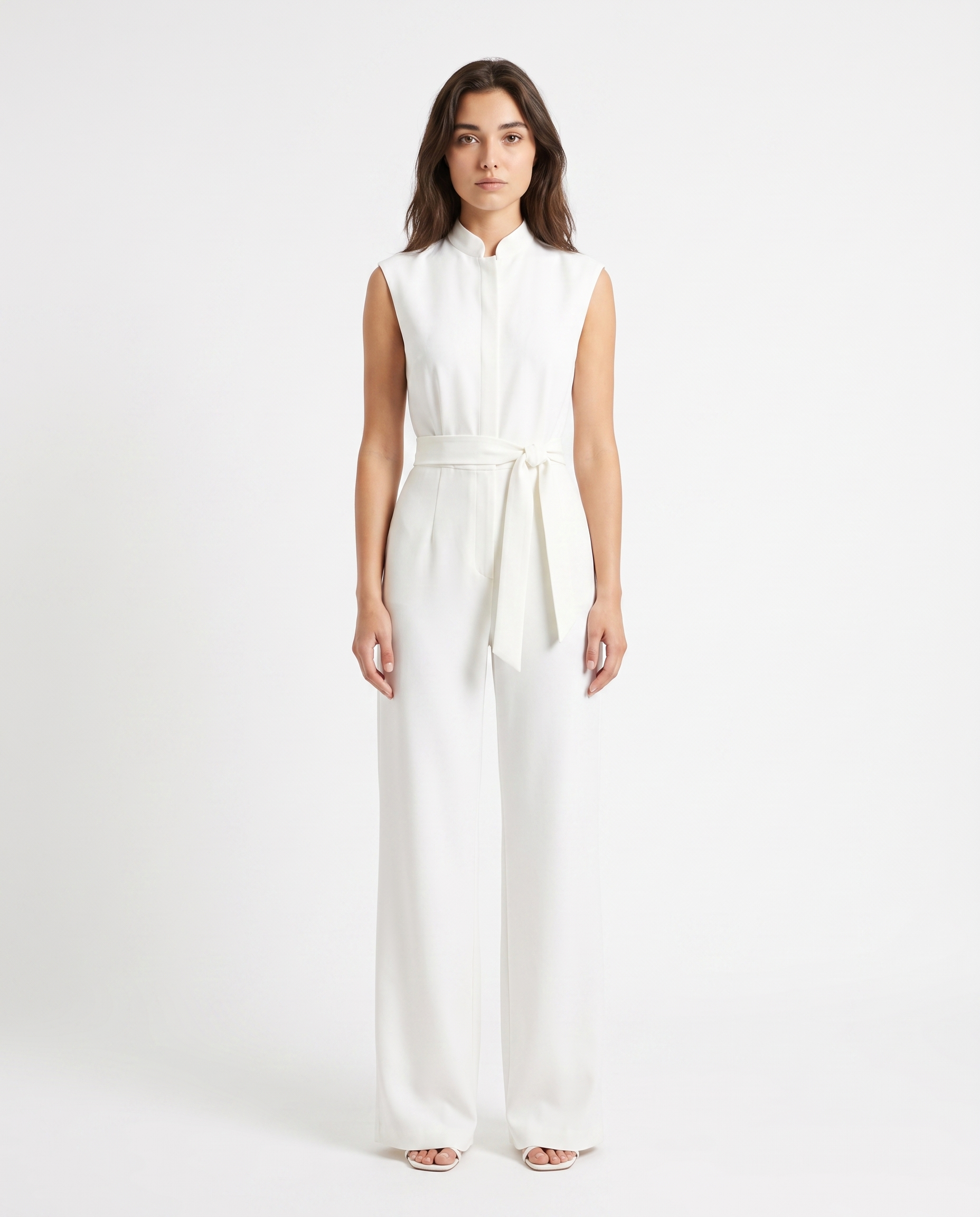 Tuta da donna senza maniche con cintura in vita e gamba larga